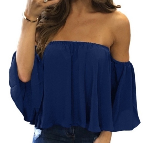 Tops - OFF the shoulder crop top. Blue (M)🛍